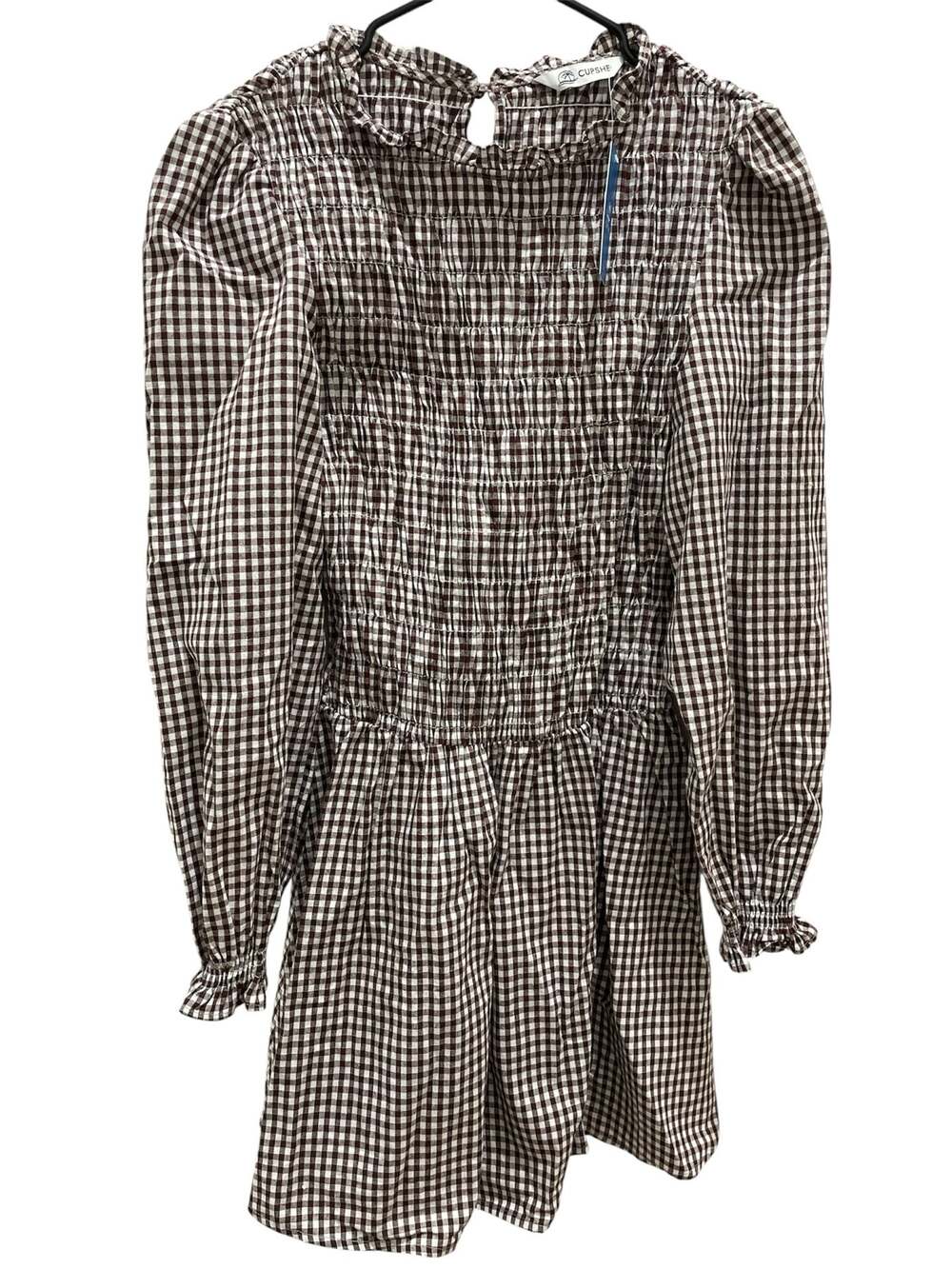 CUPSHE Apple Picking Gingham Smocked Long Sleeve Mini Dress Brown White